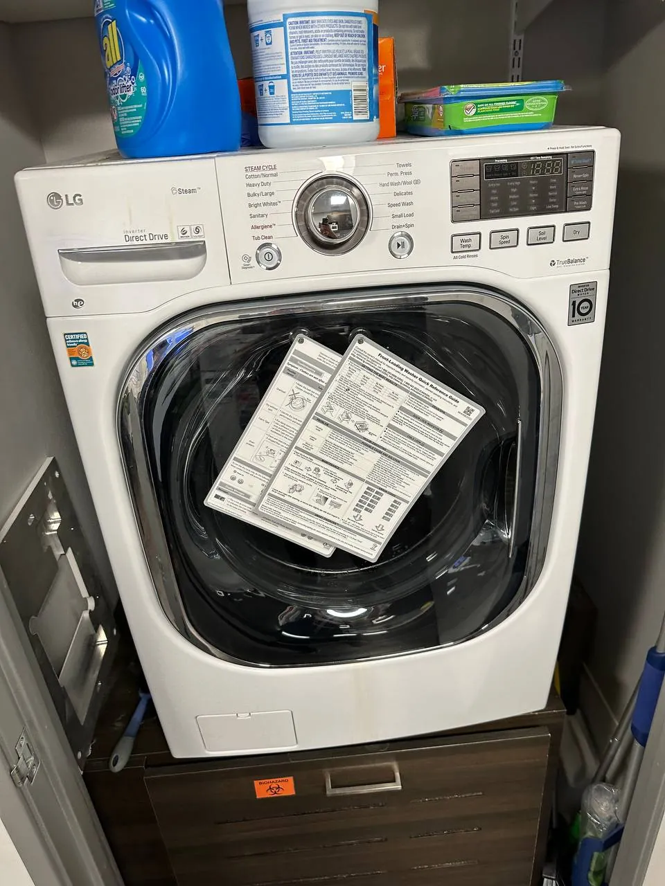 Front-load washer opened for a drain pump repair