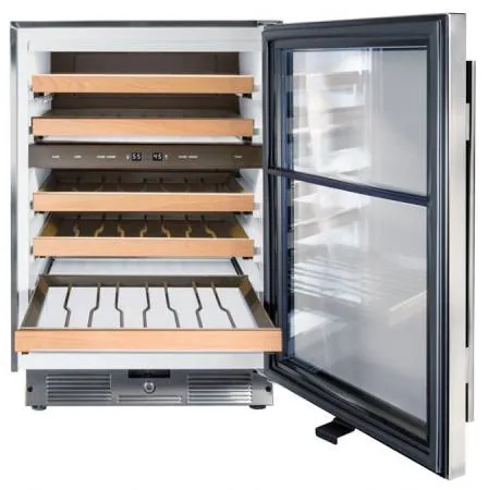 Undercounter wine cooler with the glass door open and a shelf pulled out